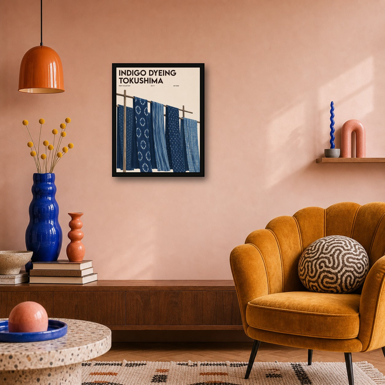 Indigo Dyeing Tokushima Poster, Japanese Textile Art, Shibori Style Wall Print - 4x5 room mockup
