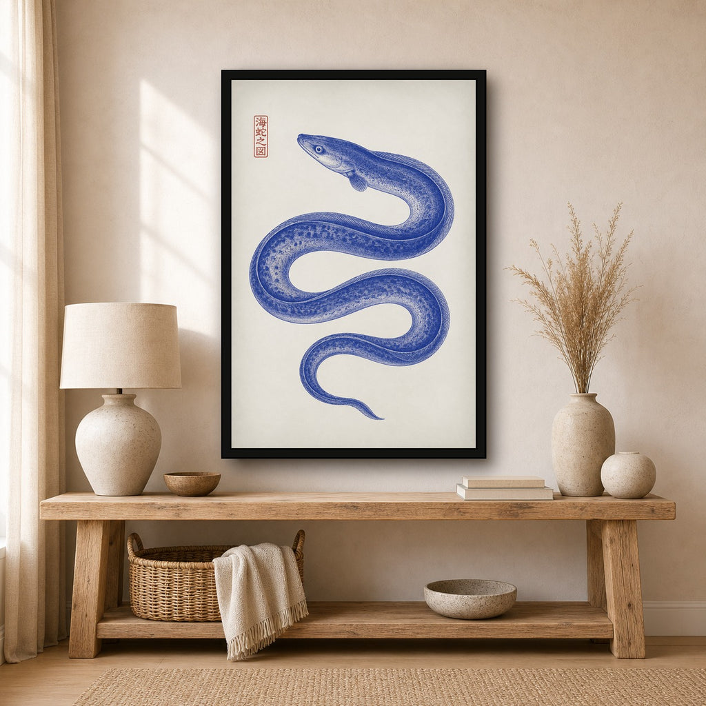 Indigo Eel Japanese Art Print, Ocean Creature Wall Decor, Serene Coastal Home Accent, in Your Choice of Six Sizes - 2x3 room mockup