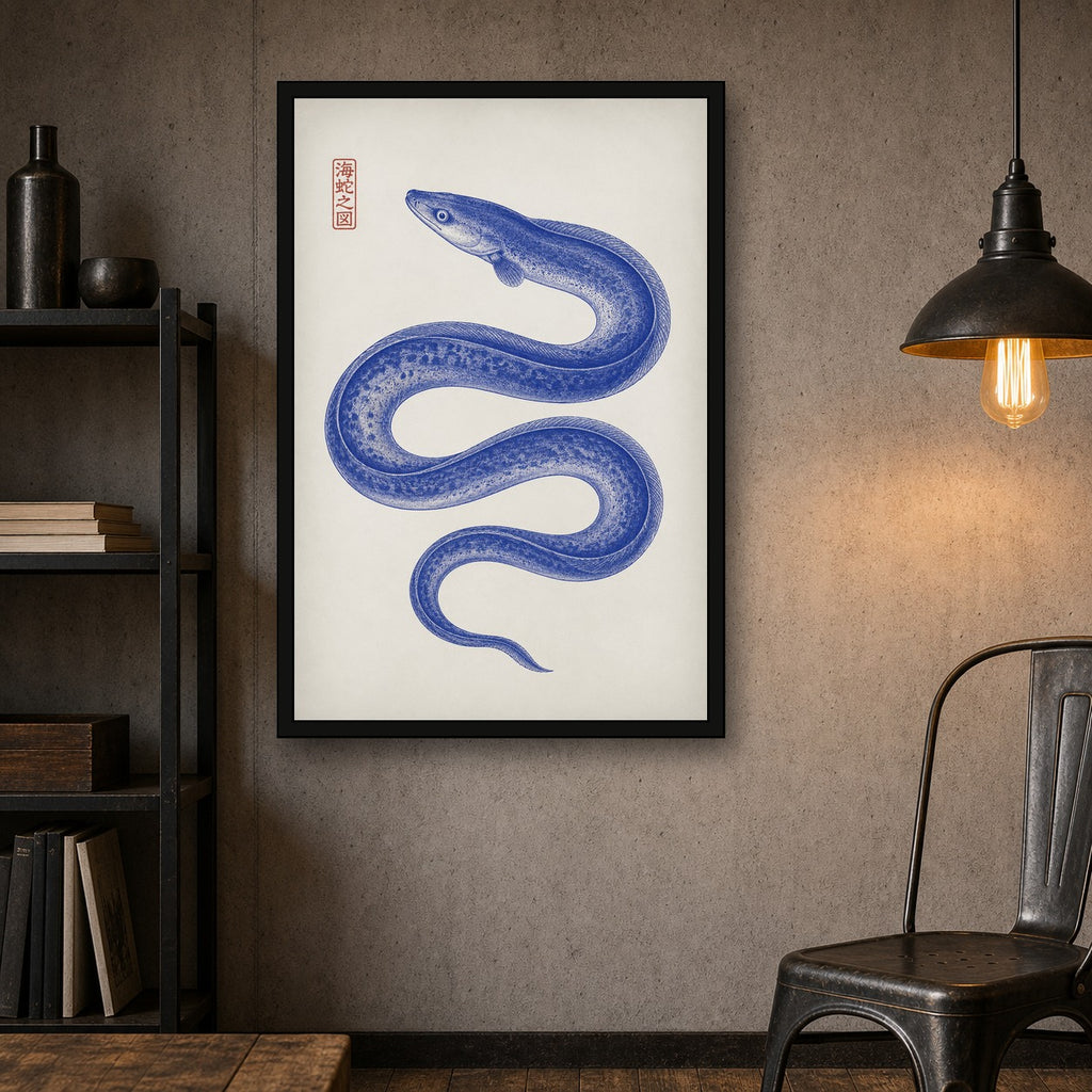 Indigo Eel Japanese Art Print, Ocean Creature Wall Decor, Serene Coastal Home Accent, in Your Choice of Six Sizes - 2x3 room mockup