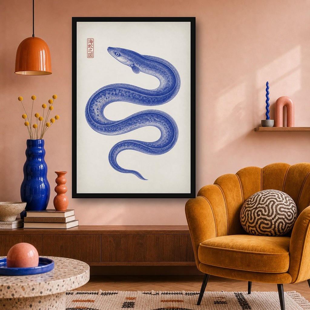 Indigo Eel Japanese Art Print, Ocean Creature Wall Decor, Serene Coastal Home Accent, in Your Choice of Six Sizes - 2x3 room mockup