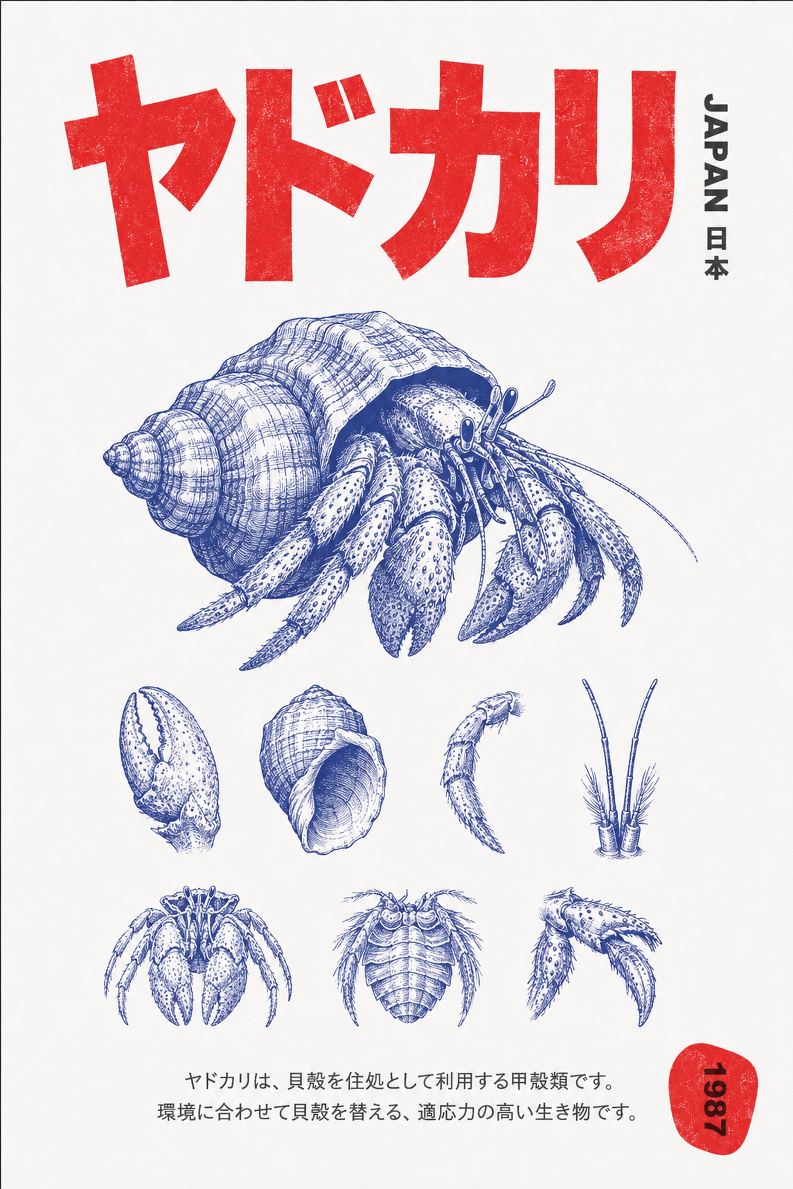 Japanese Hermit Crab Art Print, Vintage Style Japan Portrait Poster, Ocean Life Wall Decor
