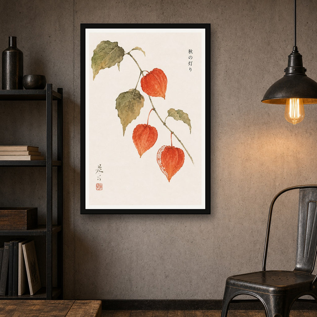Japanese Lantern Flowers Wall Art, Autumn Floral Decor, Elegant Botanical Print in Your Choice of Six Sizes - 2x3 room mockup