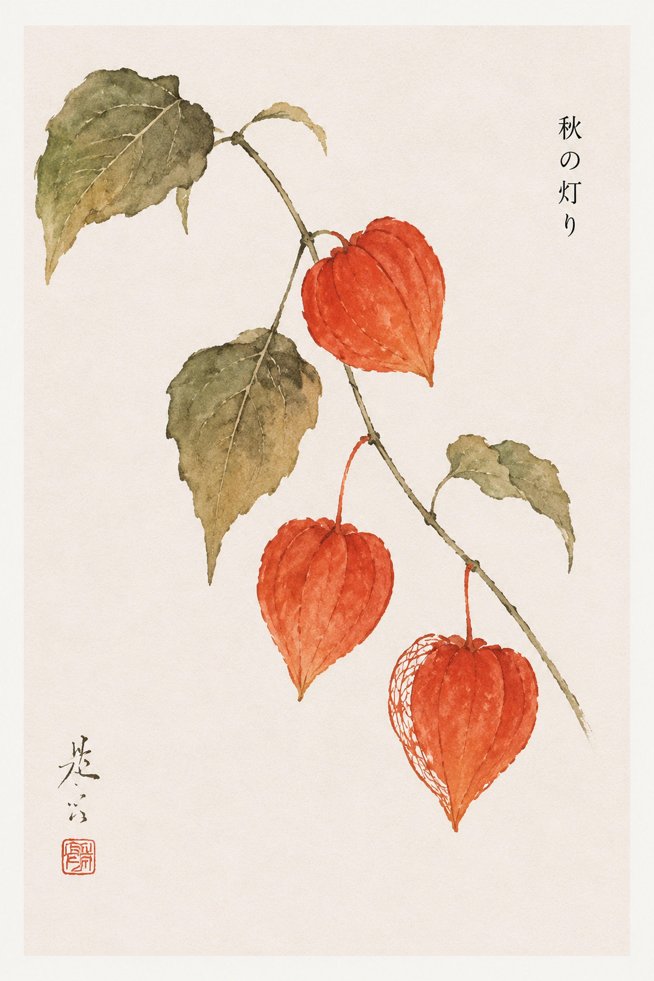 Japanese Lantern Flowers Wall Art, Autumn Floral Decor, Elegant Botanical Print in Your Choice of Six Sizes