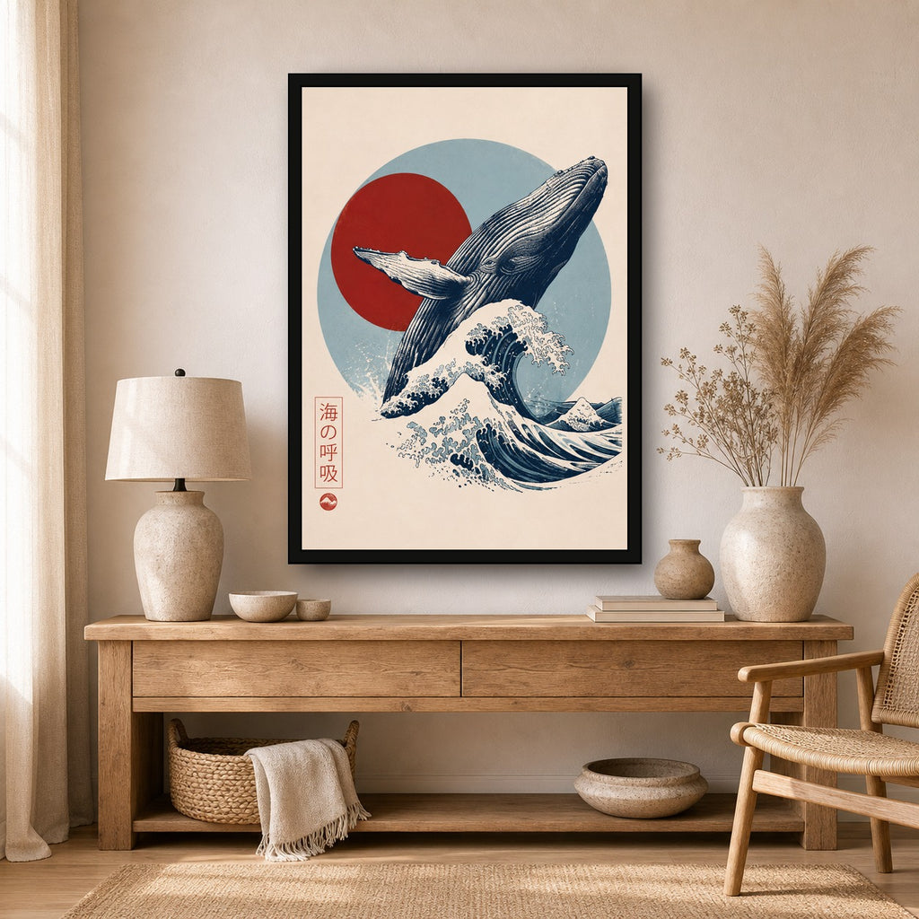 Whale Wave Red Sun Japanese inspired poster print for modern wall decor