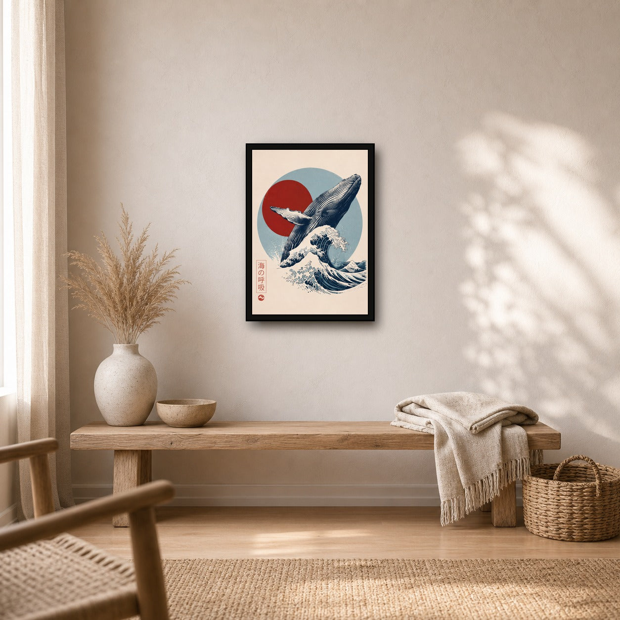 Whale Wave Red Sun Japanese inspired poster print for modern wall decor
