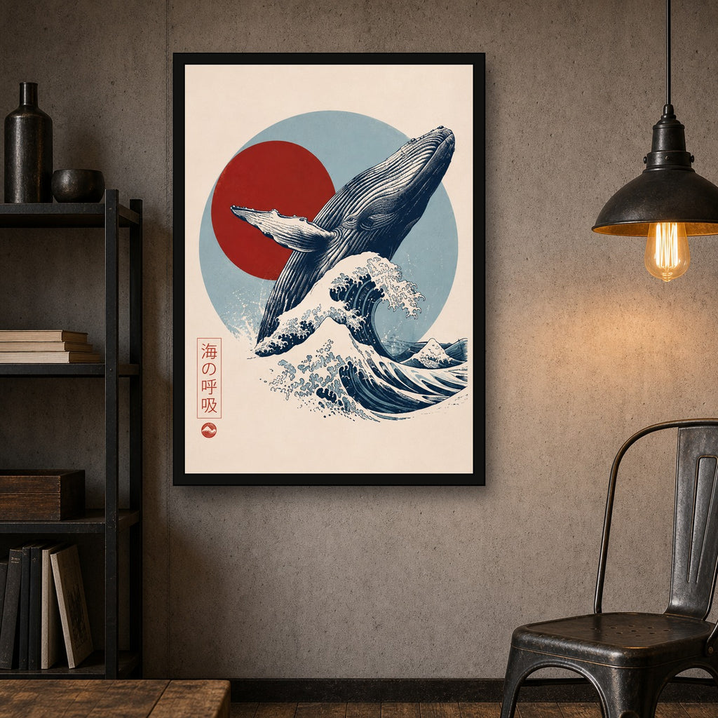 Whale Wave Red Sun Japanese inspired poster print for modern wall decor