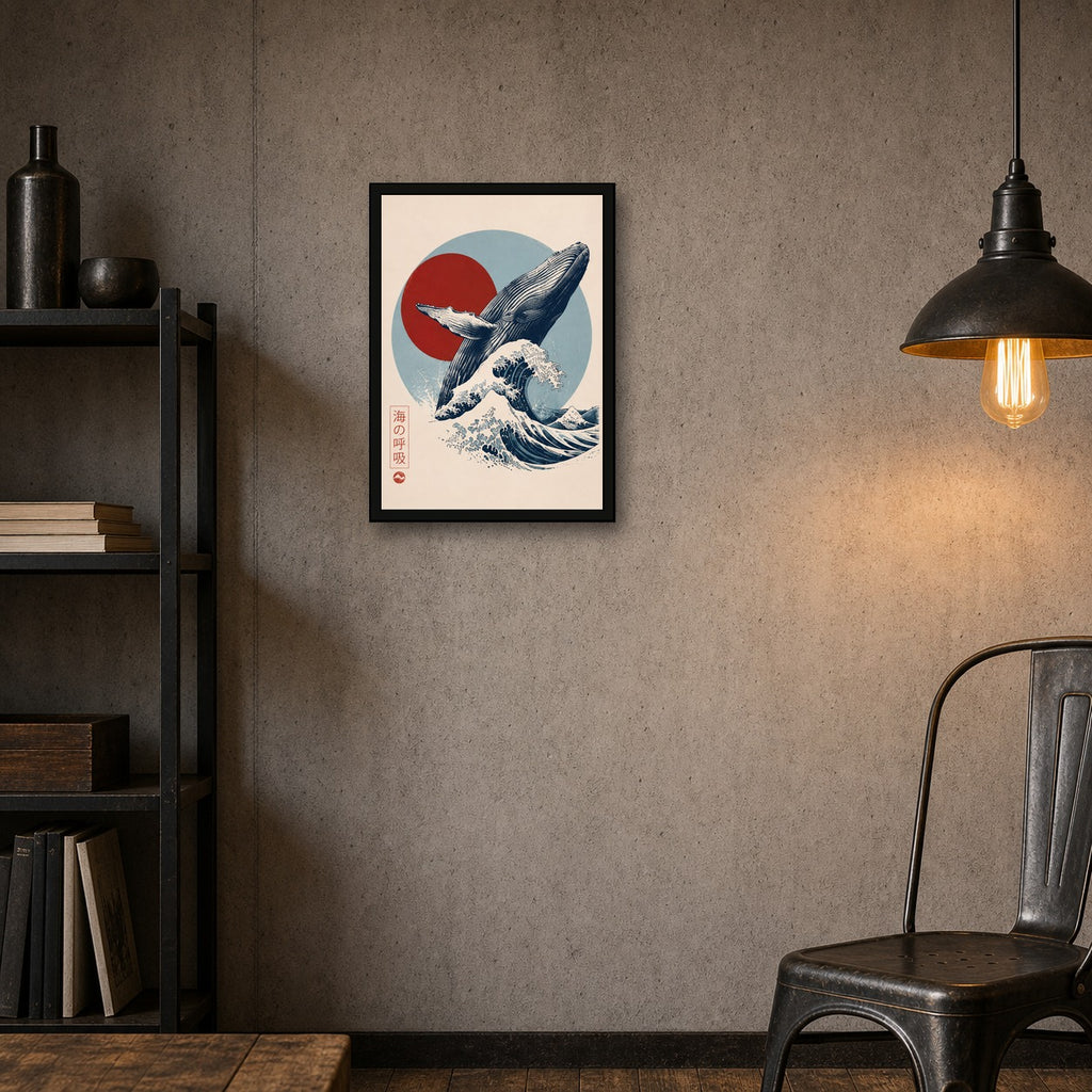 Whale Wave Red Sun Japanese inspired poster print for modern wall decor