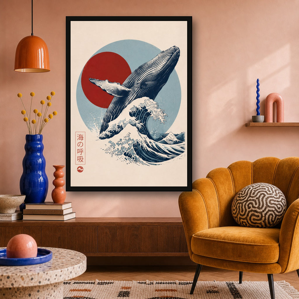 Whale Wave Red Sun Japanese inspired poster print for modern wall decor