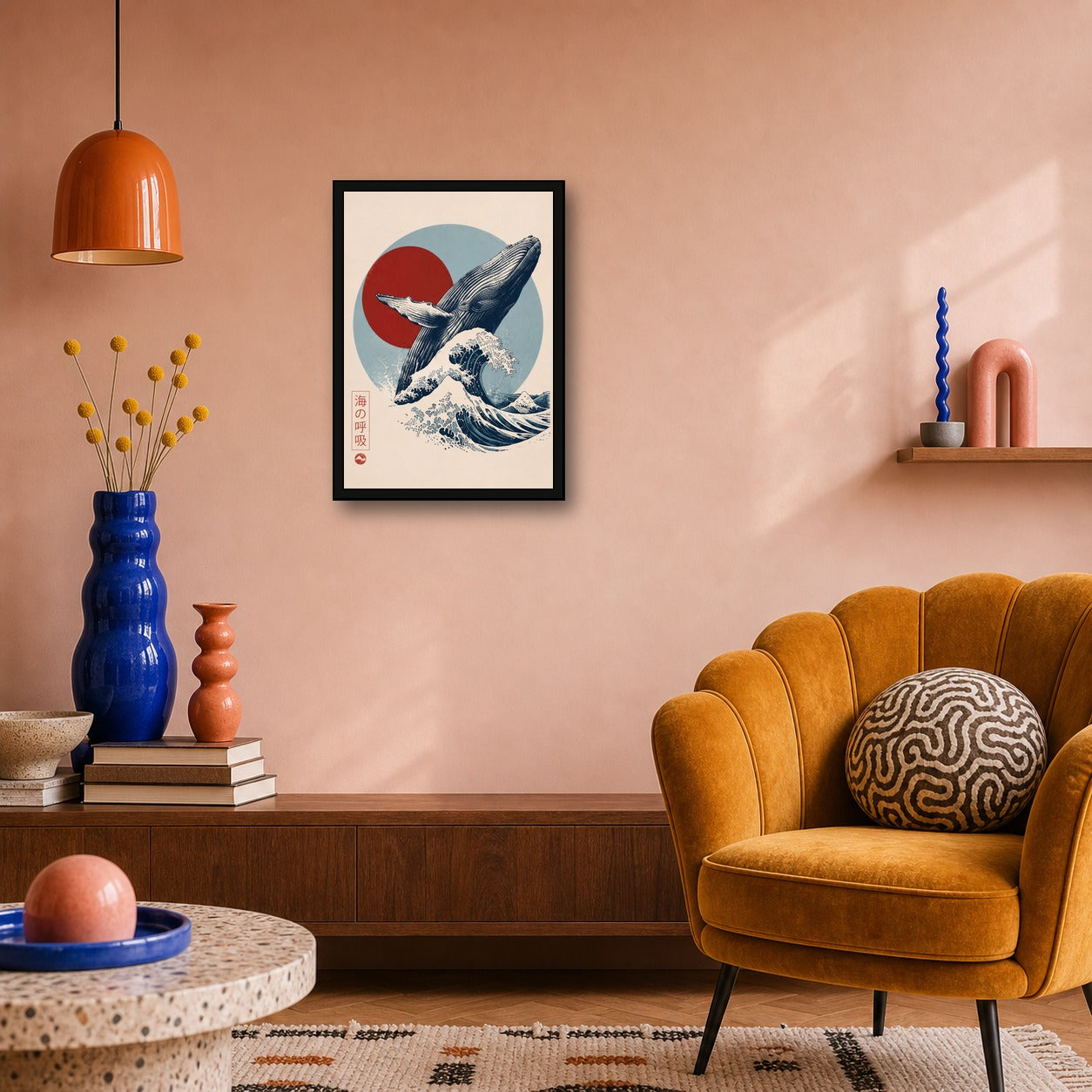 Whale Wave Red Sun Japanese inspired poster print for modern wall decor