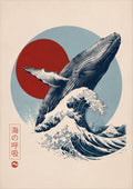 Whale Wave Red Sun Japanese inspired poster print for modern wall decor