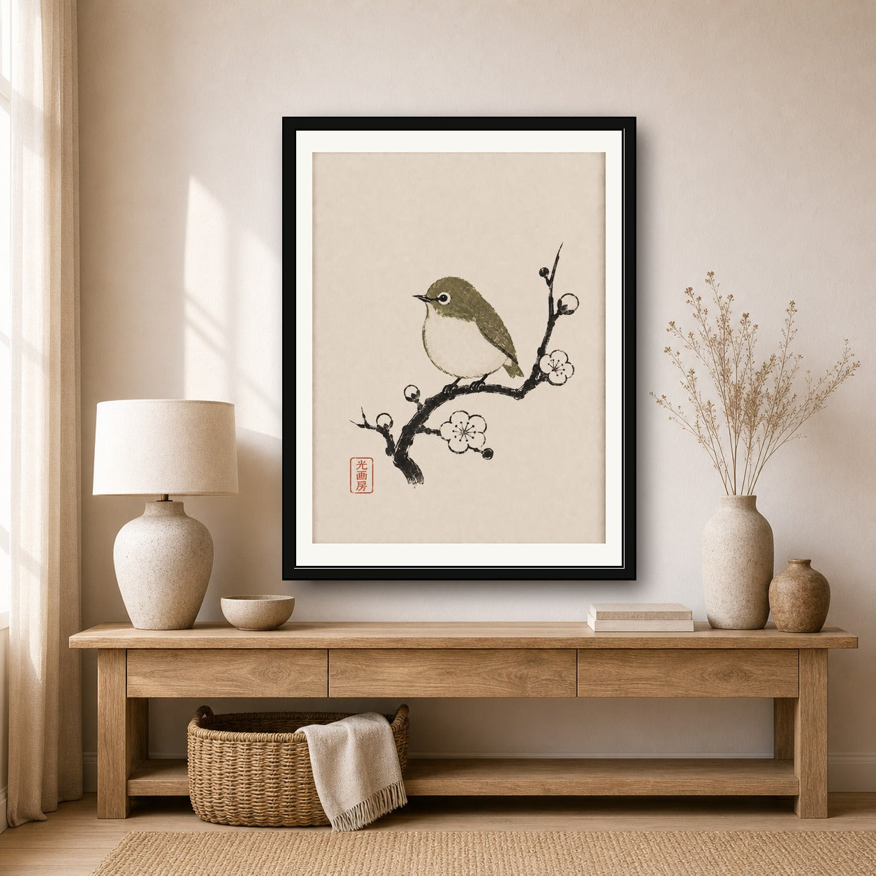 Japanese White-eye Bird & Plum Blossom Ukiyo-e Poster - Serene Japan Wall Art in Six Sizes - corrected 3x4 room mockup