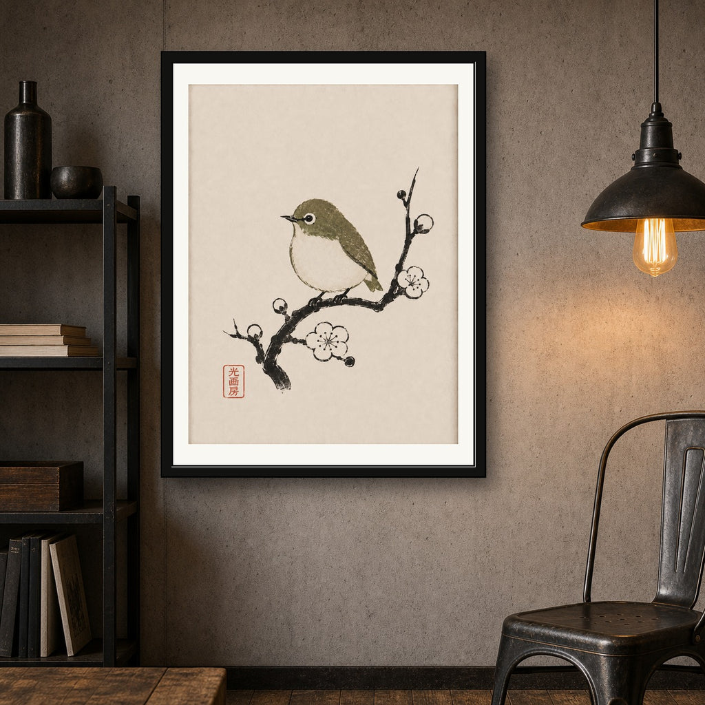 Japanese White-eye Bird & Plum Blossom Ukiyo-e Poster - Serene Japan Wall Art in Six Sizes - corrected 3x4 room mockup