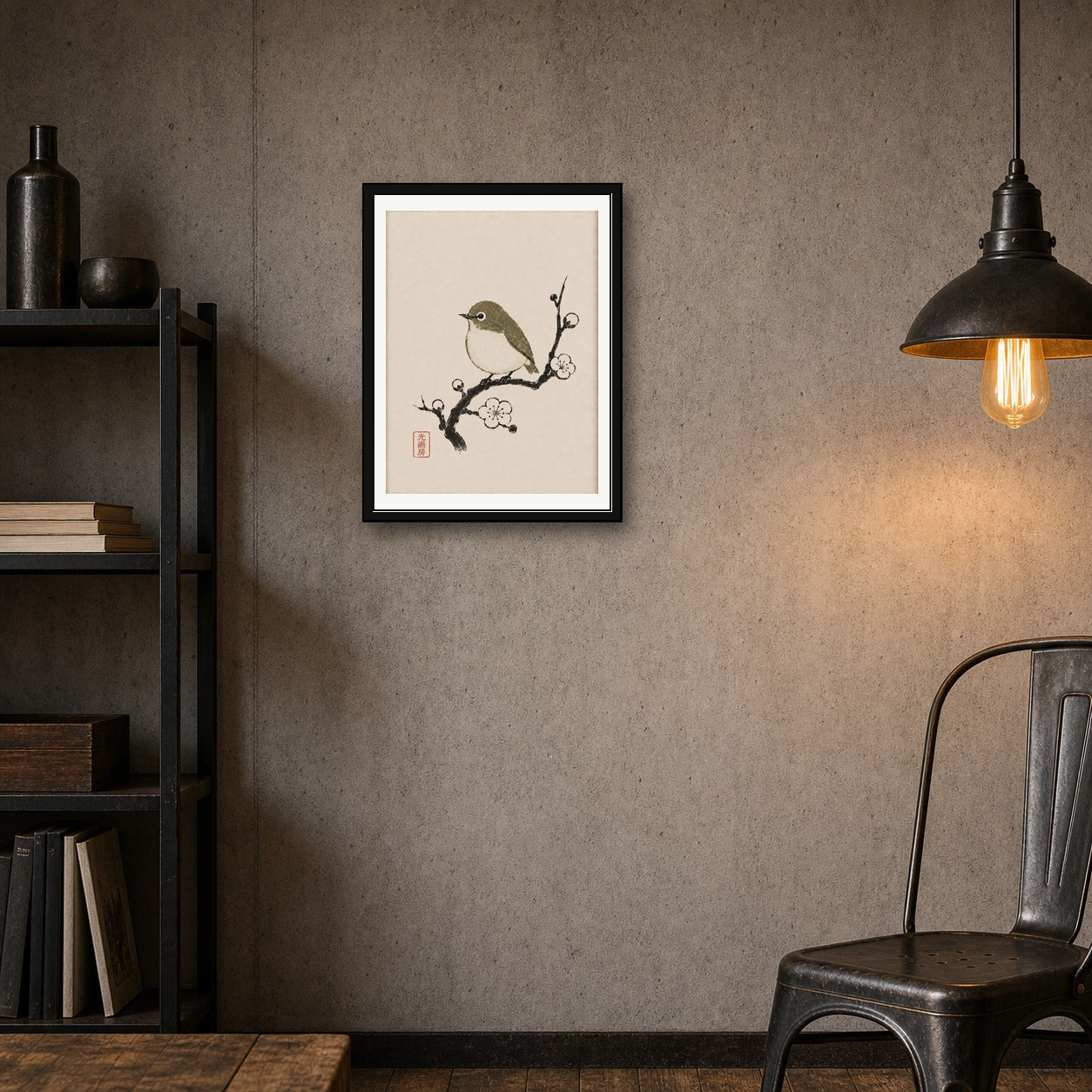 Japanese White-eye Bird & Plum Blossom Ukiyo-e Poster - Serene Japan Wall Art in Six Sizes - corrected 3x4 room mockup