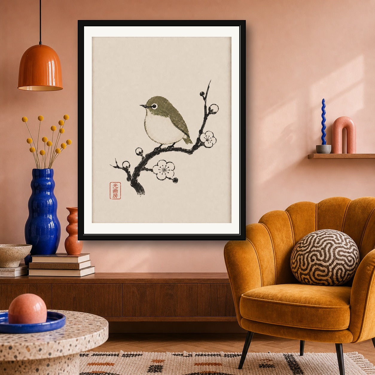 Japanese White-eye Bird & Plum Blossom Ukiyo-e Poster - Serene Japan Wall Art in Six Sizes - corrected 3x4 room mockup