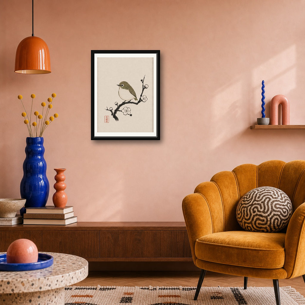 Japanese White-eye Bird & Plum Blossom Ukiyo-e Poster - Serene Japan Wall Art in Six Sizes - corrected 3x4 room mockup