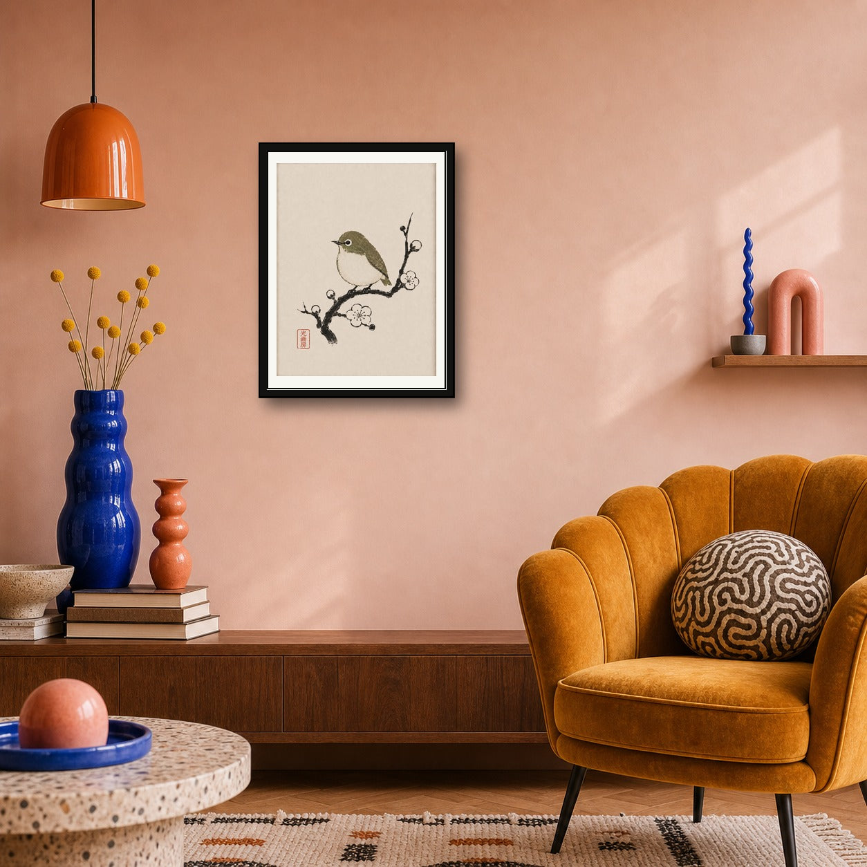 Japanese White-eye Bird & Plum Blossom Ukiyo-e Poster - Serene Japan Wall Art in Six Sizes - corrected 3x4 room mockup