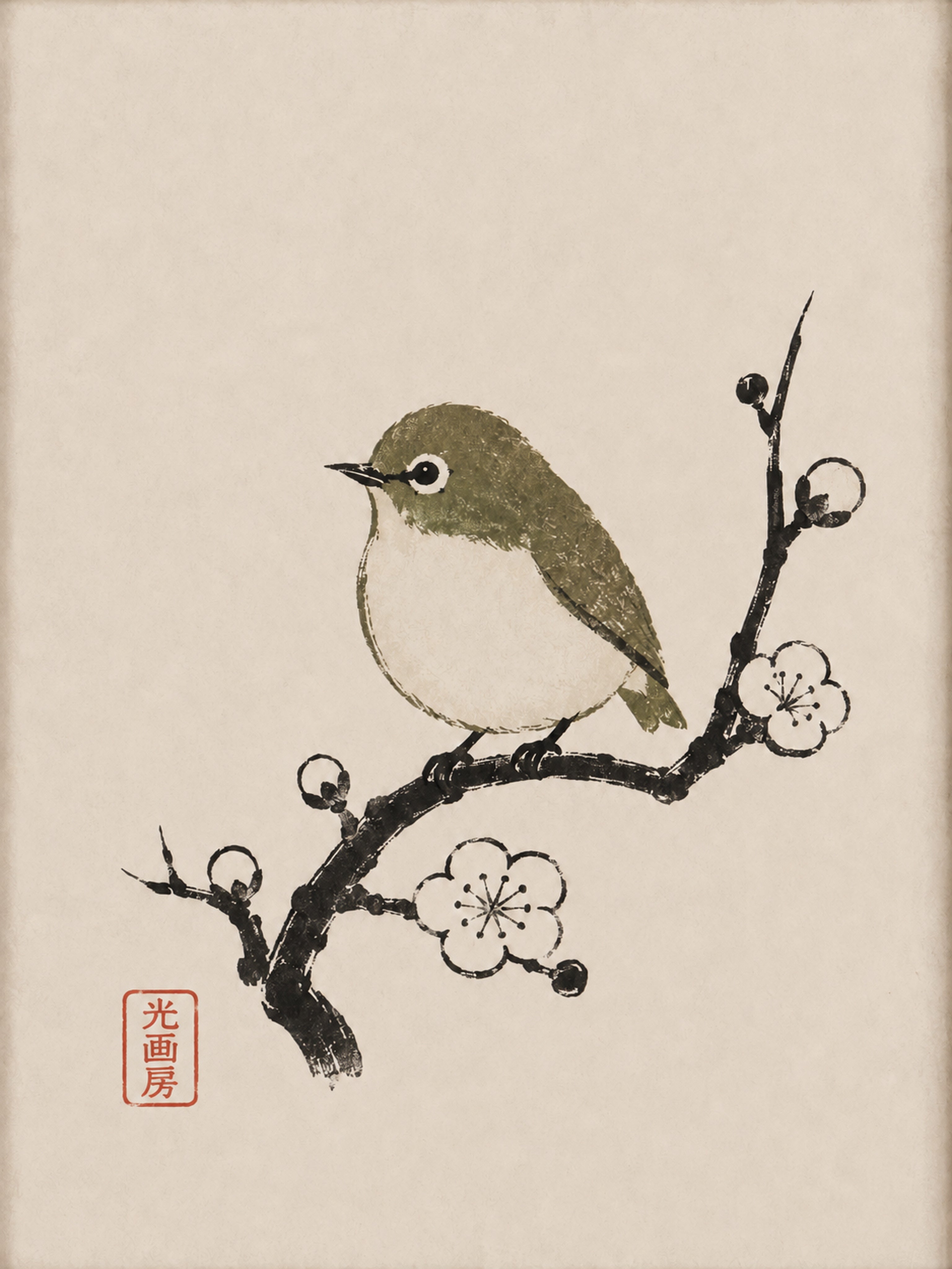 Japanese White-eye Bird & Plum Blossom Ukiyo-e Poster - Serene Japan Wall Art in Six Sizes - corrected 3x4 flat artwork