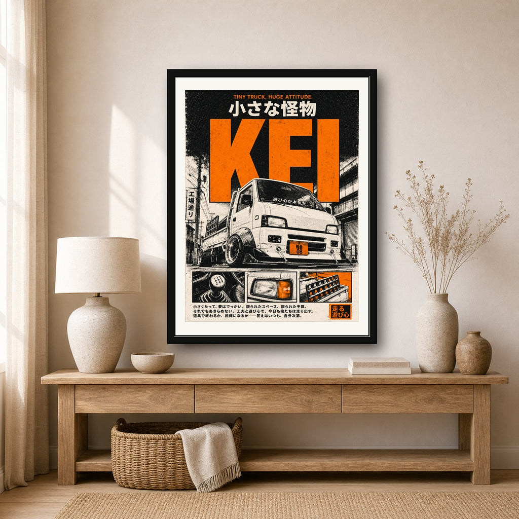 JDM Kei Truck Japanese Street Art Poster, Tokyo Drift Inspired Wall Art, Vintage Orange & Black Travel Print - corrected 3x4 room mockup
