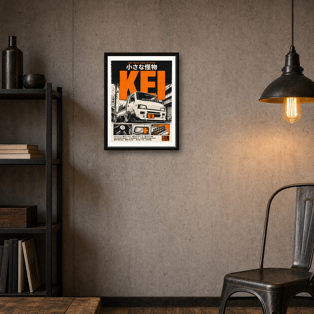 JDM Kei Truck Japanese Street Art Poster, Tokyo Drift Inspired Wall Art, Vintage Orange & Black Travel Print - corrected 3x4 room mockup