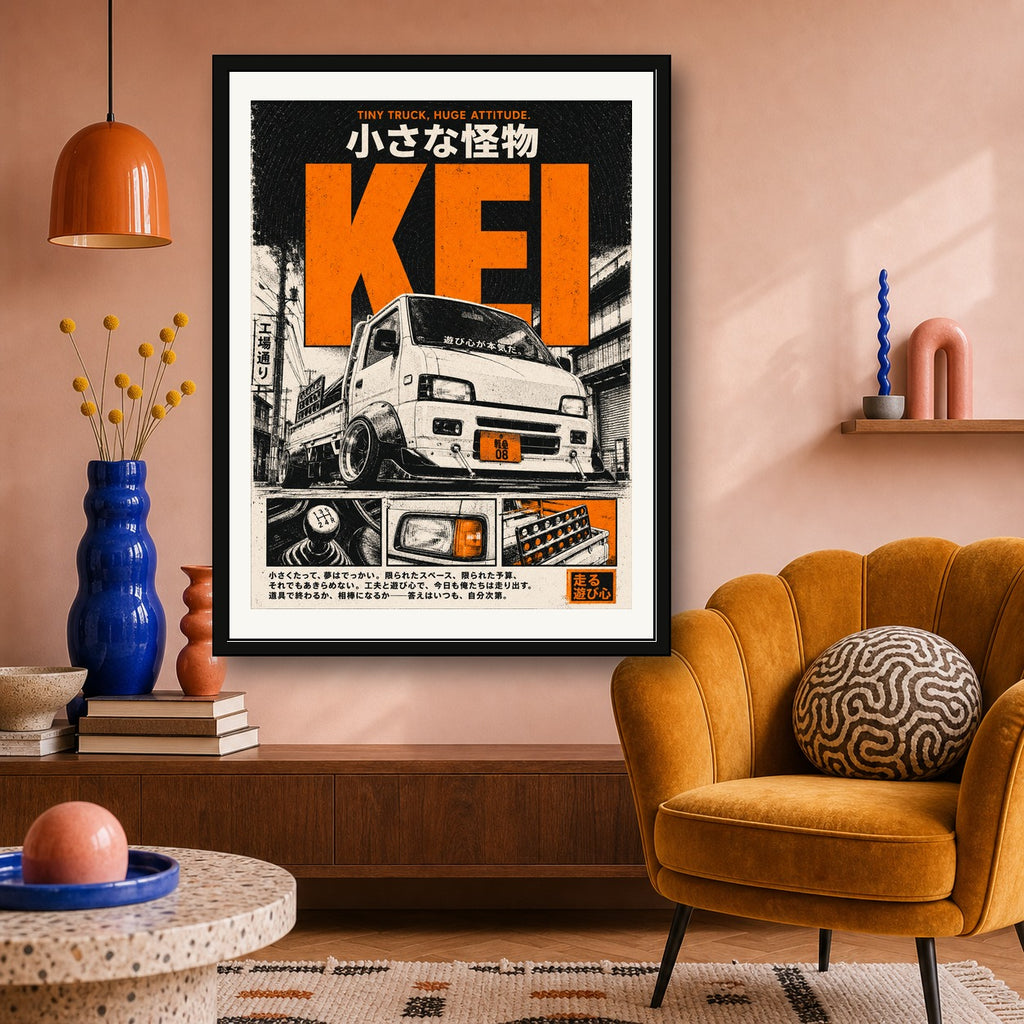JDM Kei Truck Japanese Street Art Poster, Tokyo Drift Inspired Wall Art, Vintage Orange & Black Travel Print - corrected 3x4 room mockup