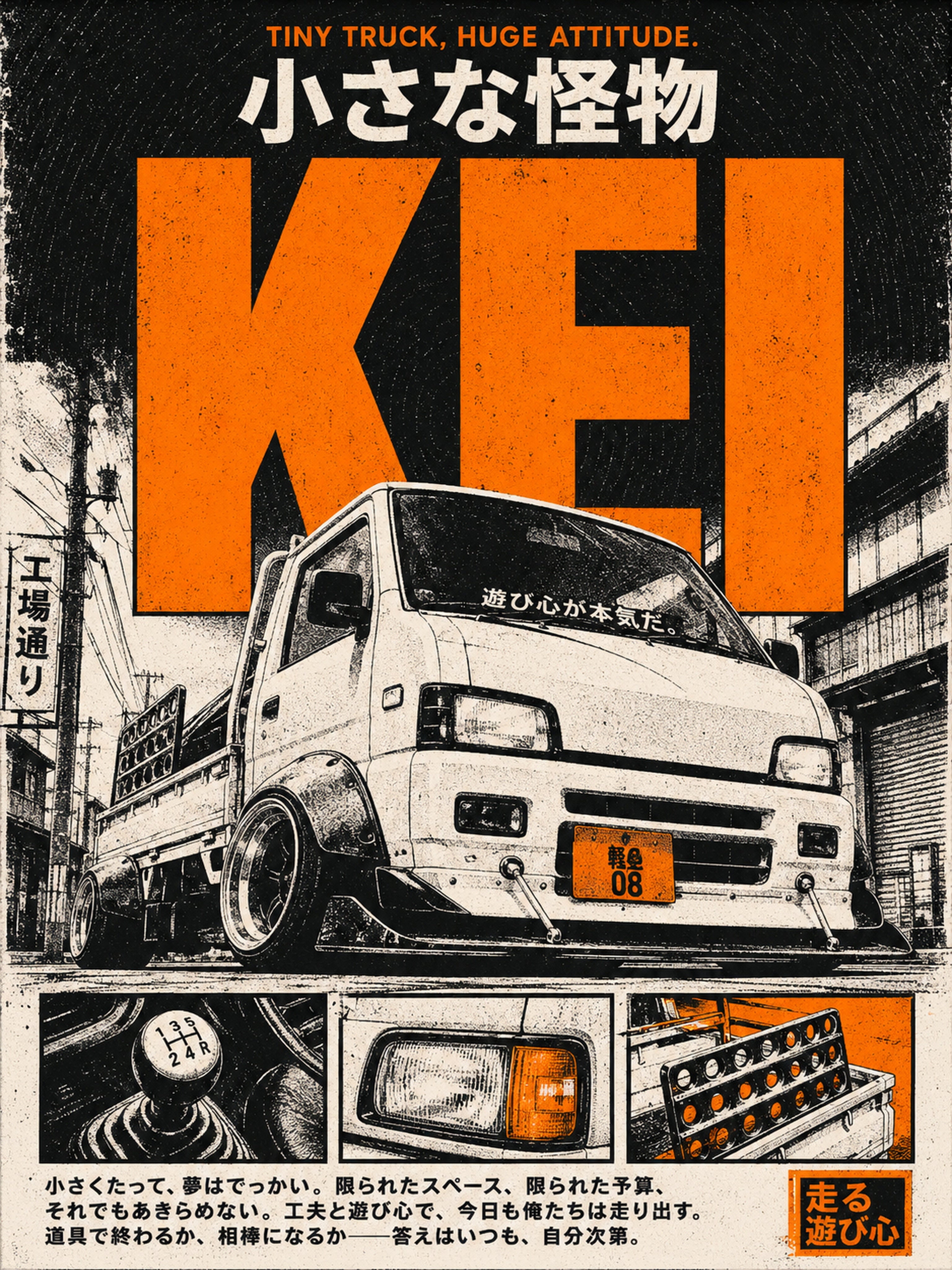 JDM Kei Truck Japanese Street Art Poster, Tokyo Drift Inspired Wall Art, Vintage Orange & Black Travel Print - corrected 3x4 flat artwork