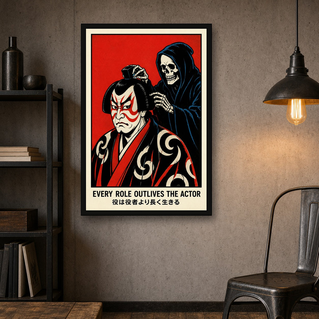 Kabuki Actor & Grim Reaper Poster, Bold Japanese Art Print, 'Every Role Outlives the Actor' Wall Art - 2x3 room mockup