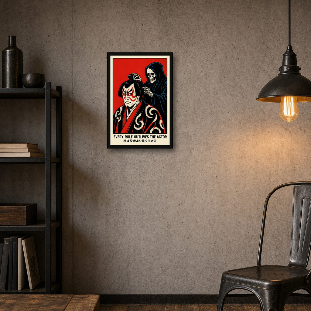 Kabuki Actor & Grim Reaper Poster, Bold Japanese Art Print, 'Every Role Outlives the Actor' Wall Art - 2x3 room mockup