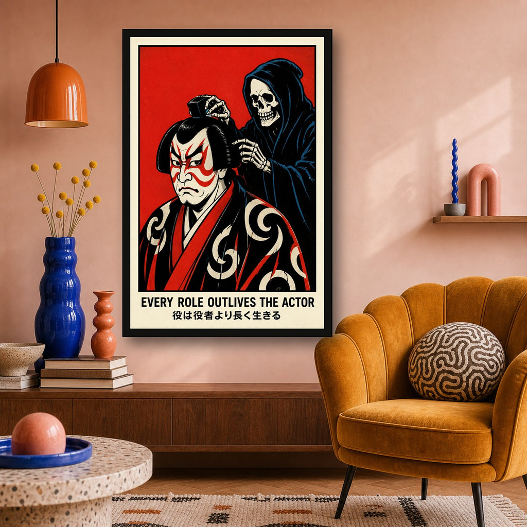 Kabuki Actor & Grim Reaper Poster, Bold Japanese Art Print, 'Every Role Outlives the Actor' Wall Art - 2x3 room mockup