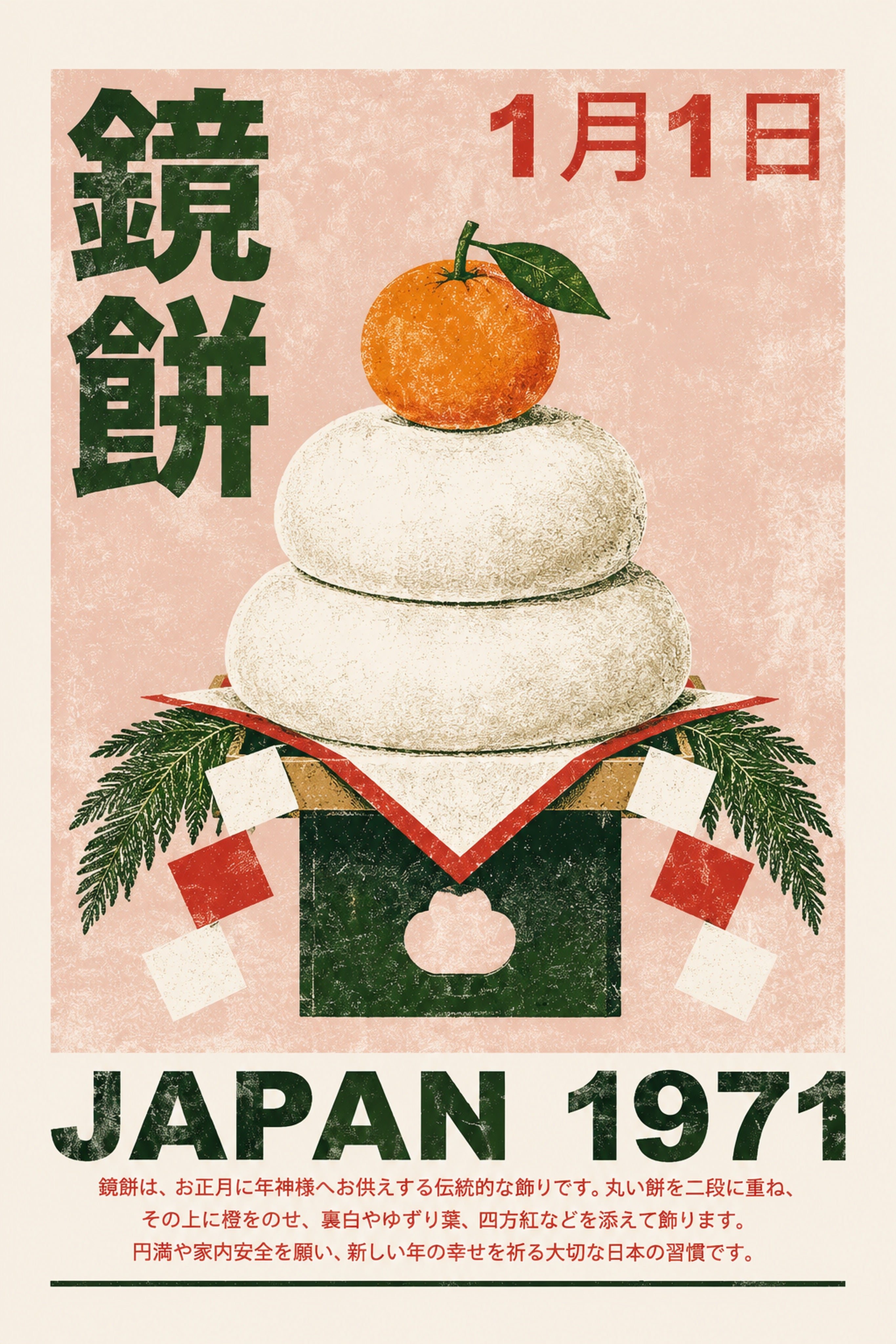 Kagami Mochi Japan 1971 Poster, Vintage Japanese New Year Art Print, Retro Style Decor in Multiple Sizes