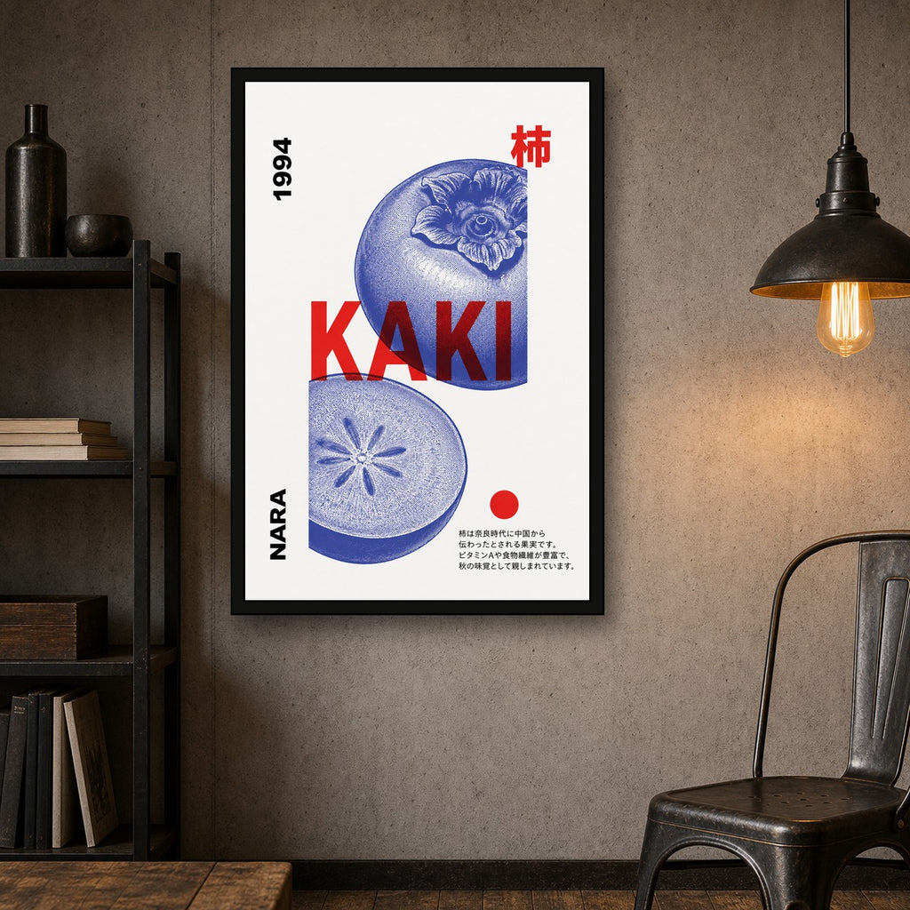 Kaki Persimmon Japanese Art Print - Nara 1994, Bold Blue & Red Minimalist Poster for Modern Home Decor - 2x3 room mockup