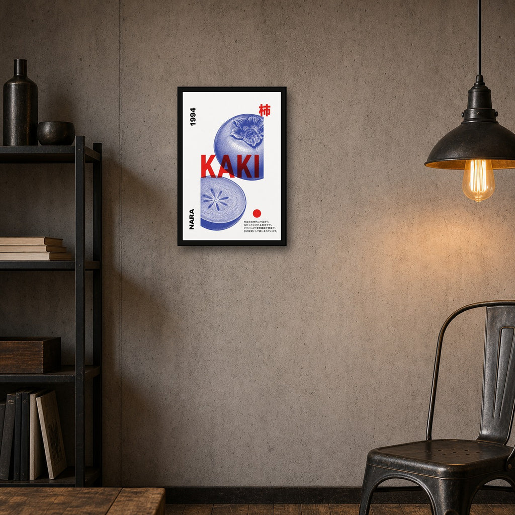 Kaki Persimmon Japanese Art Print - Nara 1994, Bold Blue & Red Minimalist Poster for Modern Home Decor - 2x3 room mockup