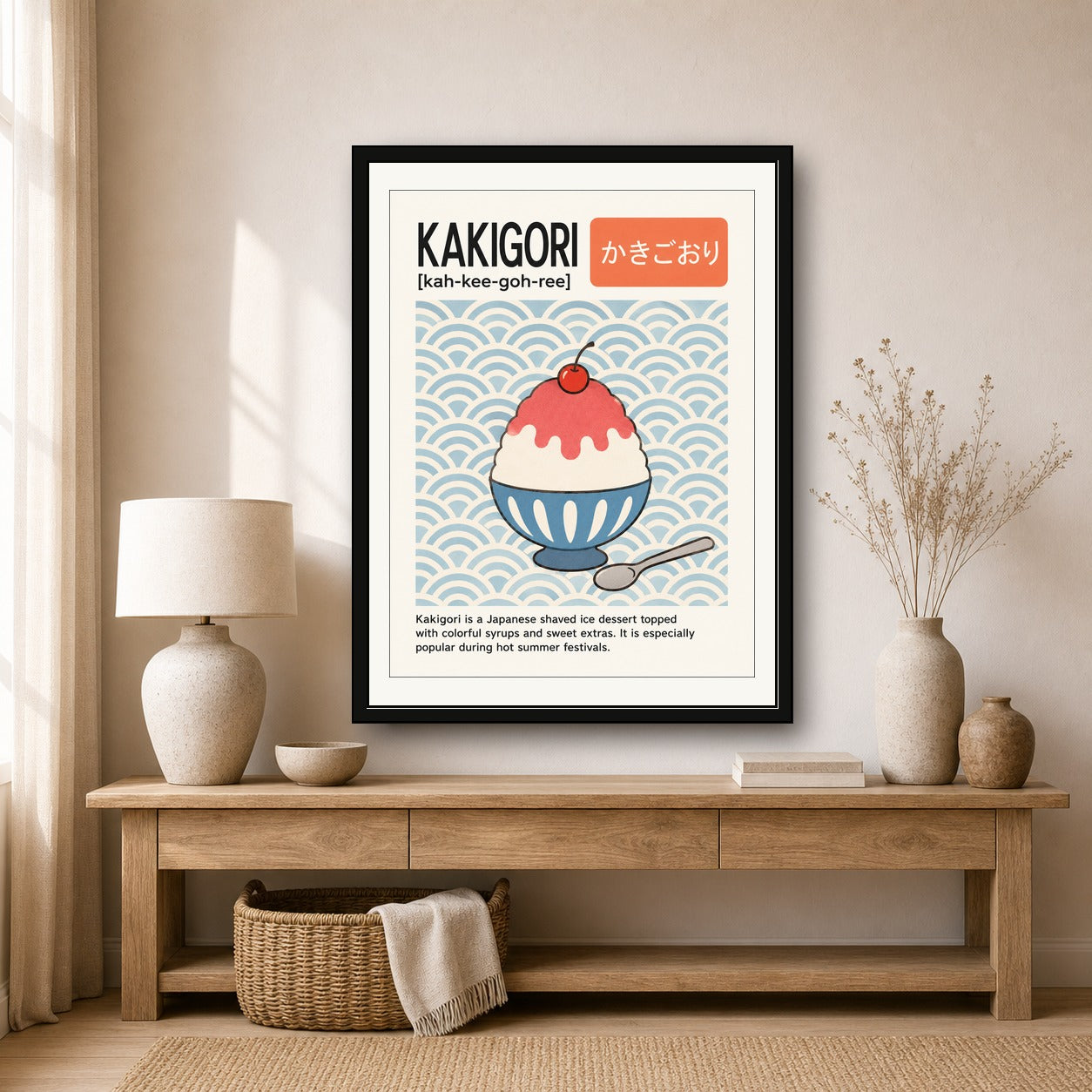 Kakigori Japanese Shaved Ice Dessert Poster, Sweet Summer Festival Wall Art, Retro Style Food Print - corrected 3x4 room mockup