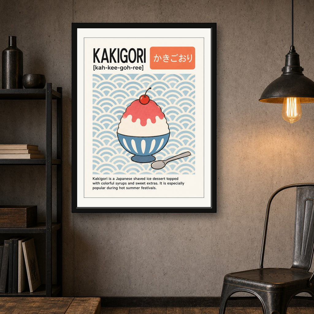 Kakigori Japanese Shaved Ice Dessert Poster, Sweet Summer Festival Wall Art, Retro Style Food Print - corrected 3x4 room mockup