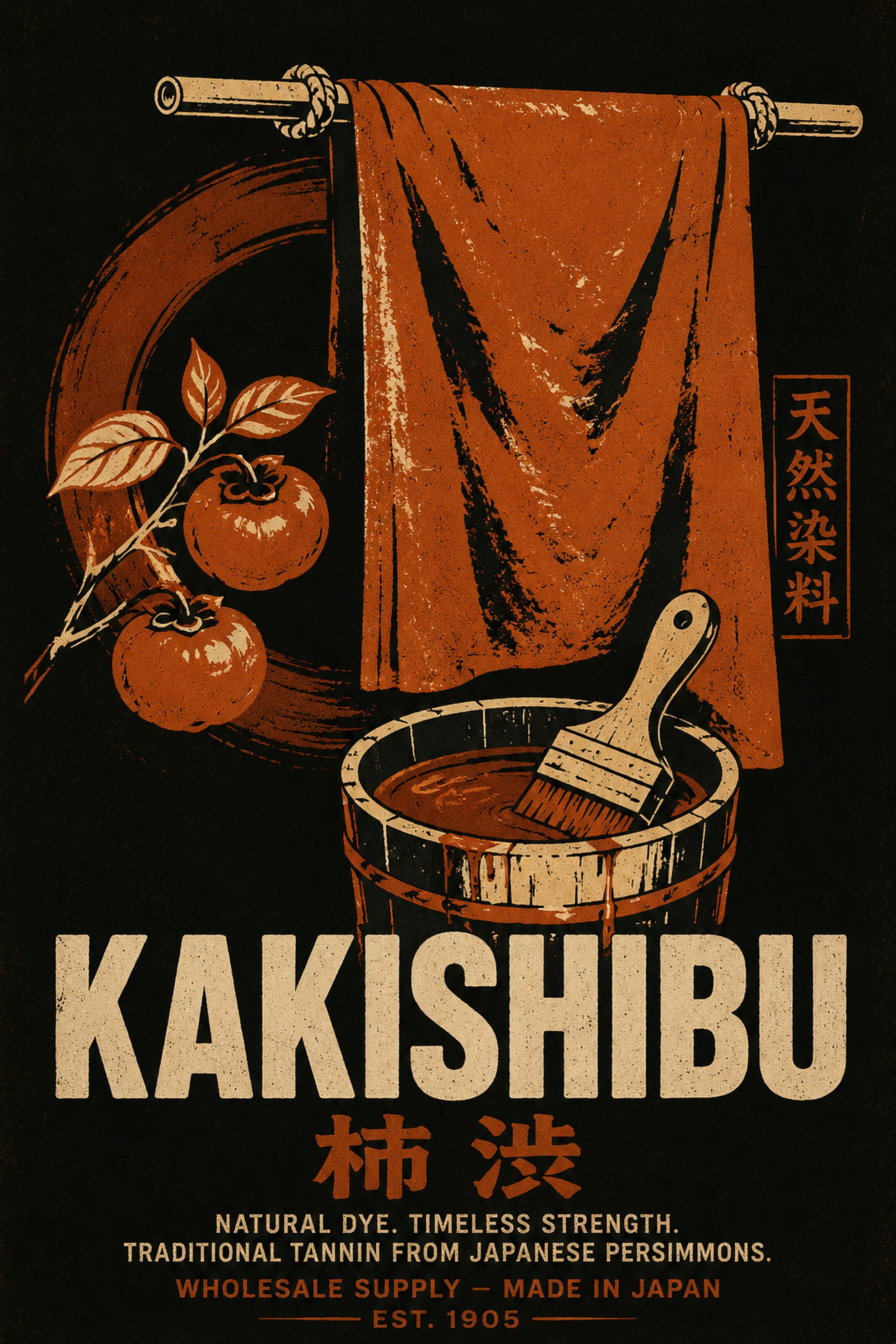 Kakishibu Dye Art Print, Japanese Persimmon Wall Decor, Vintage-Style Japan Poster for Zen Home