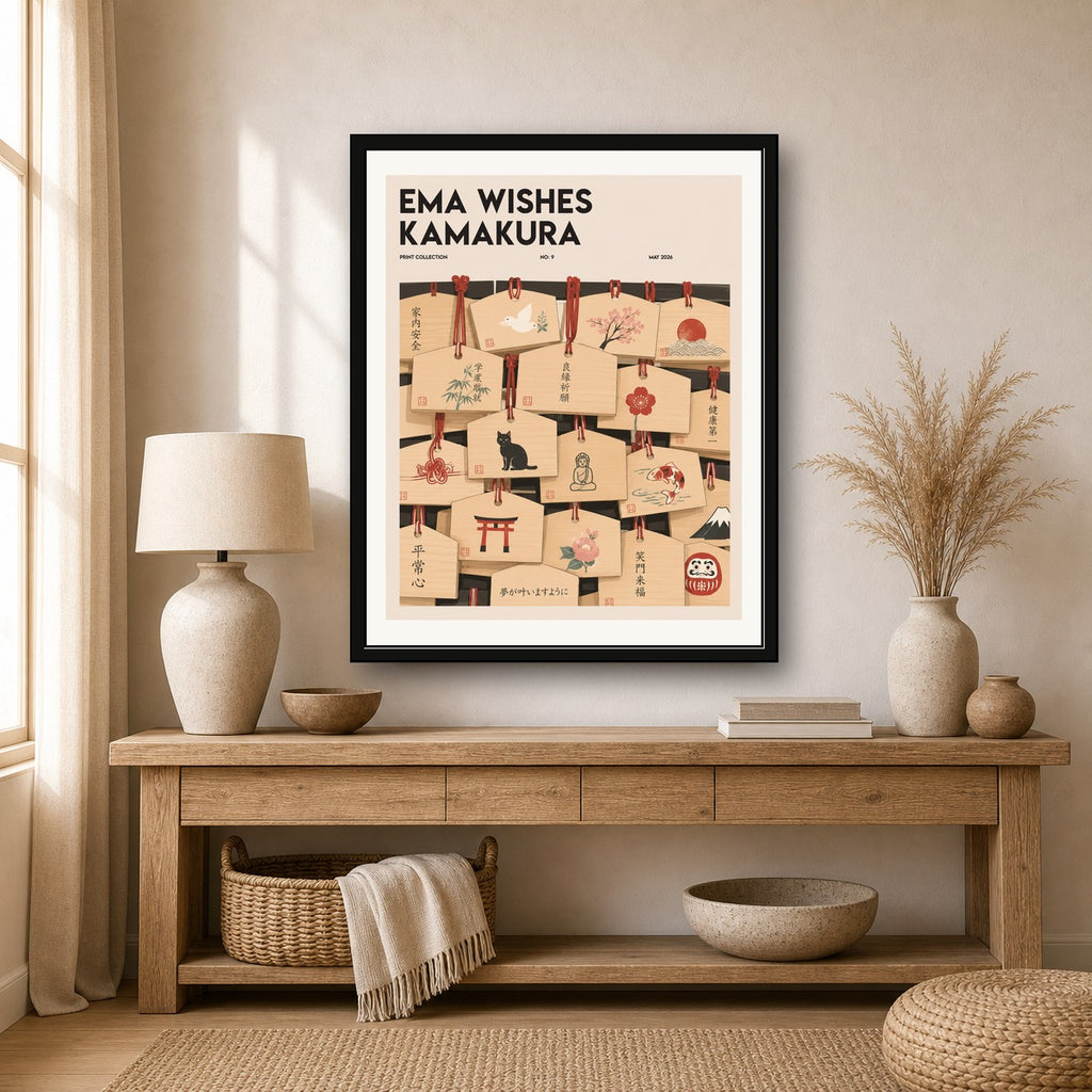 Kamakura Ema Wishes Poster - Japanese Temple Art for Serene Home Decor, Available in Multiple Sizes - corrected 4x5 room mockup