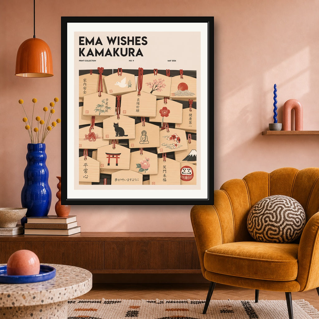 Kamakura Ema Wishes Poster - Japanese Temple Art for Serene Home Decor, Available in Multiple Sizes - corrected 4x5 room mockup