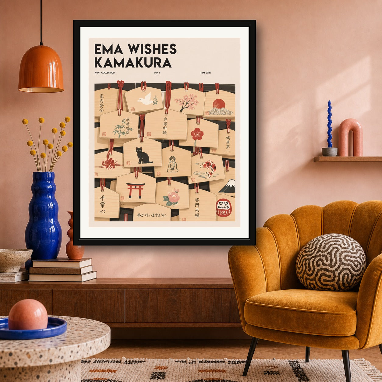 Kamakura Ema Wishes Poster - Japanese Temple Art for Serene Home Decor, Available in Multiple Sizes - corrected 4x5 room mockup