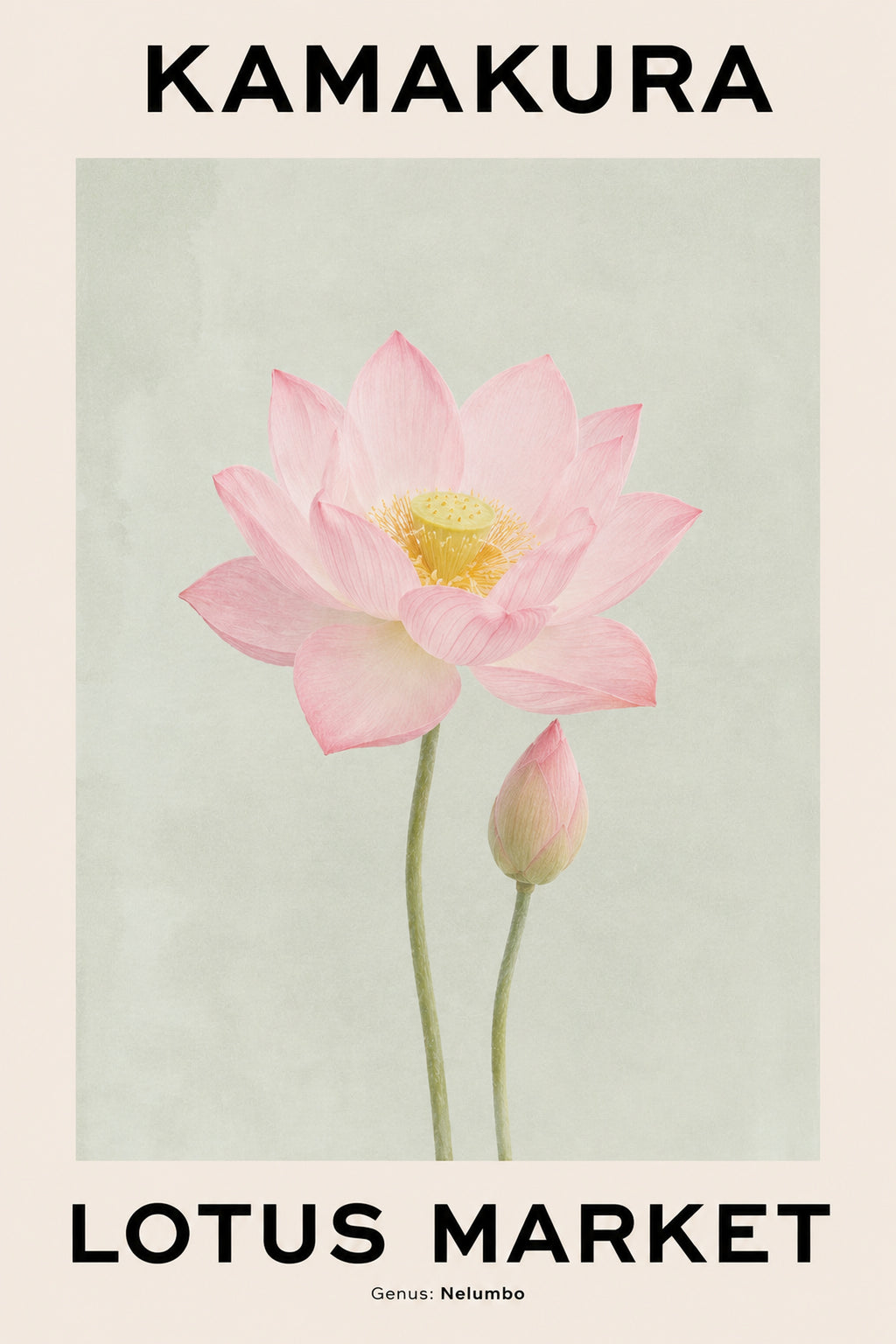 Kamakura Lotus Market Poster, Japanese Wall Art Print