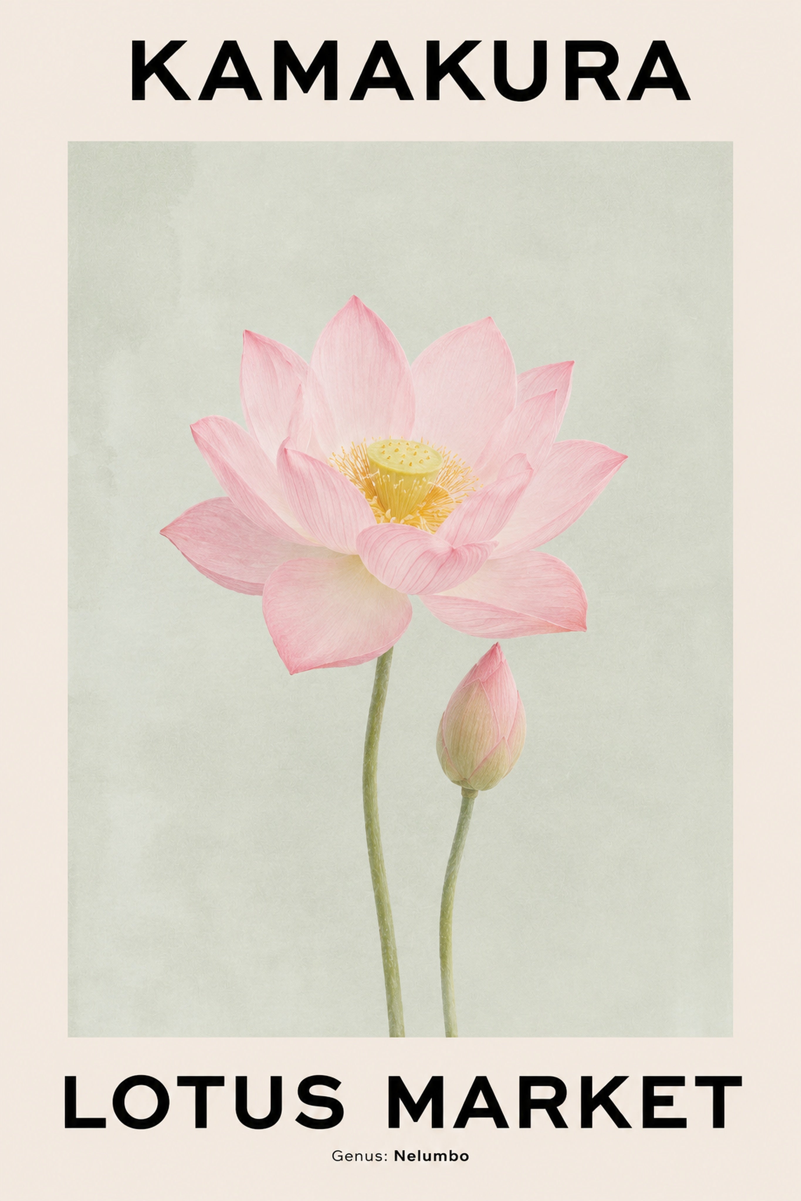 Kamakura Lotus Market Poster, Japanese Wall Art Print