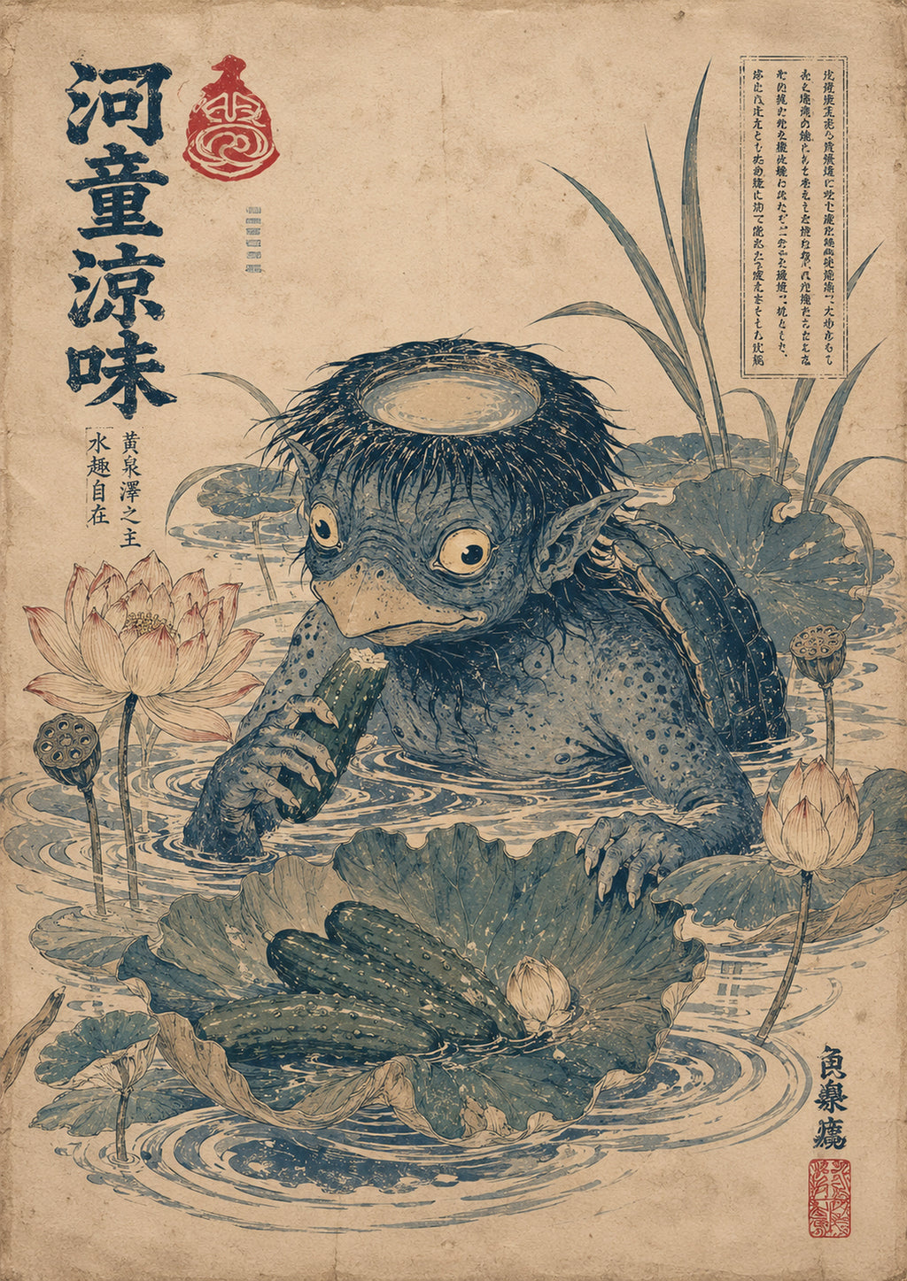 Kappa Lotus Pond Japanese Retro Poster Print