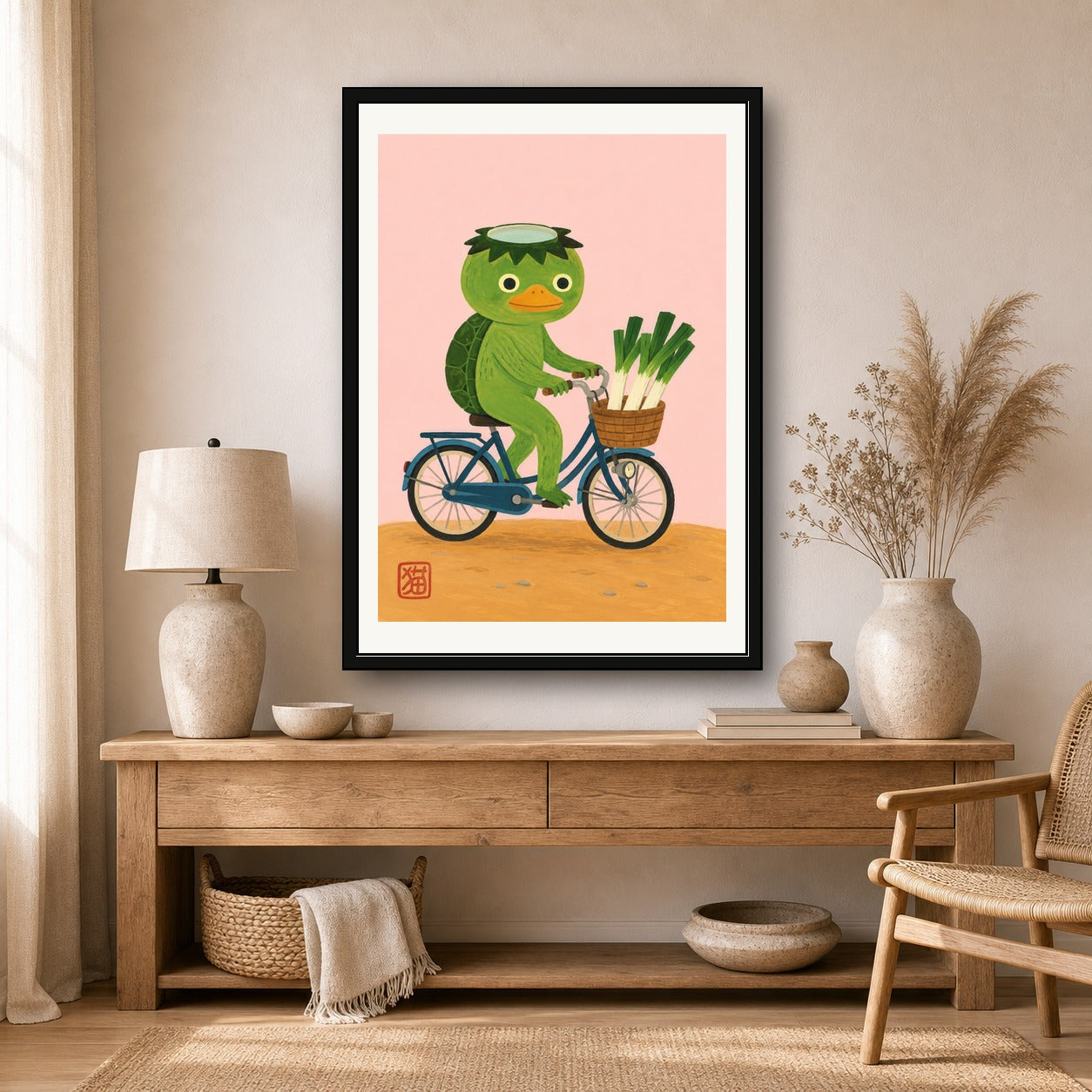 Kawaii Kappa on Bicycle Art Print, Japanese Folk Art Poster, Serene Travel Decor with Playful Charm - corrected A room mockup