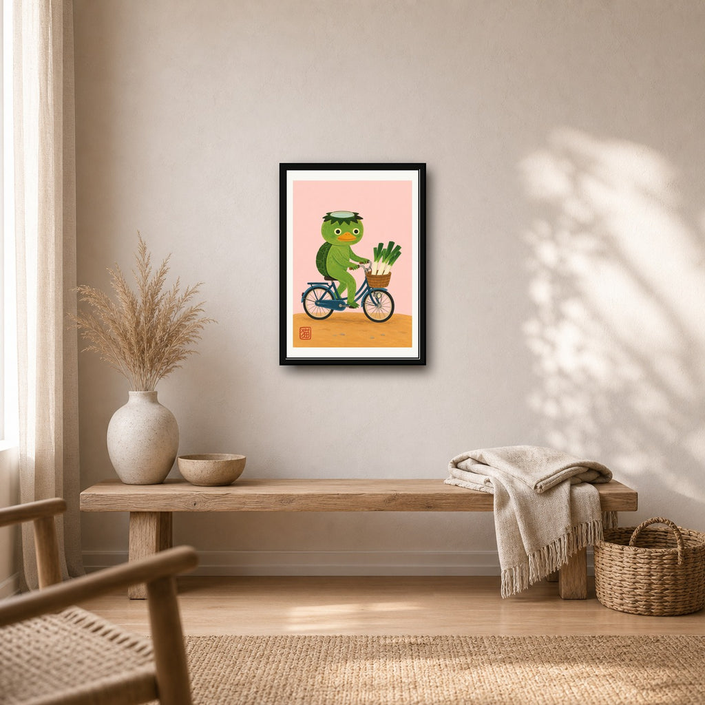 Kawaii Kappa on Bicycle Art Print, Japanese Folk Art Poster, Serene Travel Decor with Playful Charm - corrected A room mockup