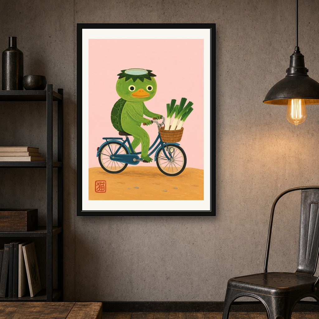 Kawaii Kappa on Bicycle Art Print, Japanese Folk Art Poster, Serene Travel Decor with Playful Charm - corrected A room mockup