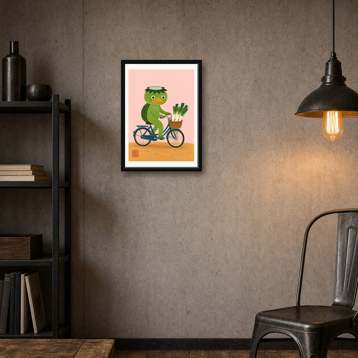 Kawaii Kappa on Bicycle Art Print, Japanese Folk Art Poster, Serene Travel Decor with Playful Charm - corrected A room mockup