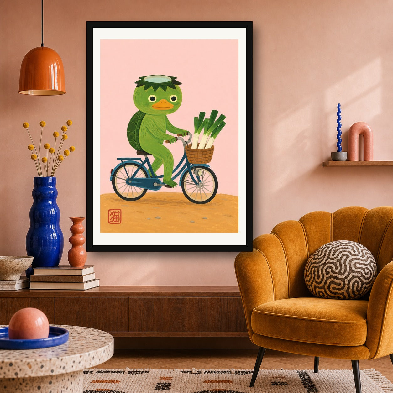 Kawaii Kappa on Bicycle Art Print, Japanese Folk Art Poster, Serene Travel Decor with Playful Charm - corrected A room mockup