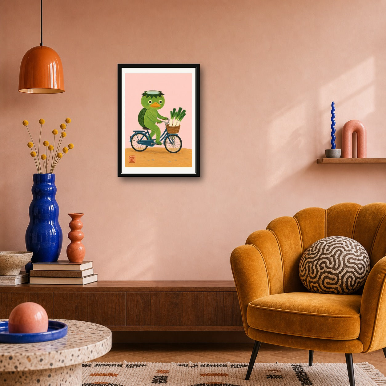 Kawaii Kappa on Bicycle Art Print, Japanese Folk Art Poster, Serene Travel Decor with Playful Charm - corrected A room mockup