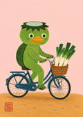 Kawaii Kappa on Bicycle Art Print, Japanese Folk Art Poster, Serene Travel Decor with Playful Charm - corrected A flat artwork
