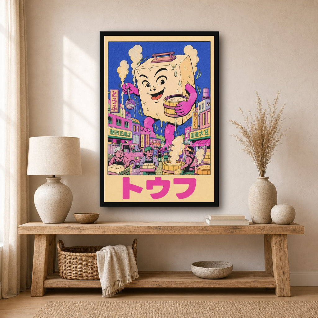 Kawaii Tofu Monster Japanese Poster, Vibrant Pop Art Print, Unique Japan Wall Art - 2x3 room mockup
