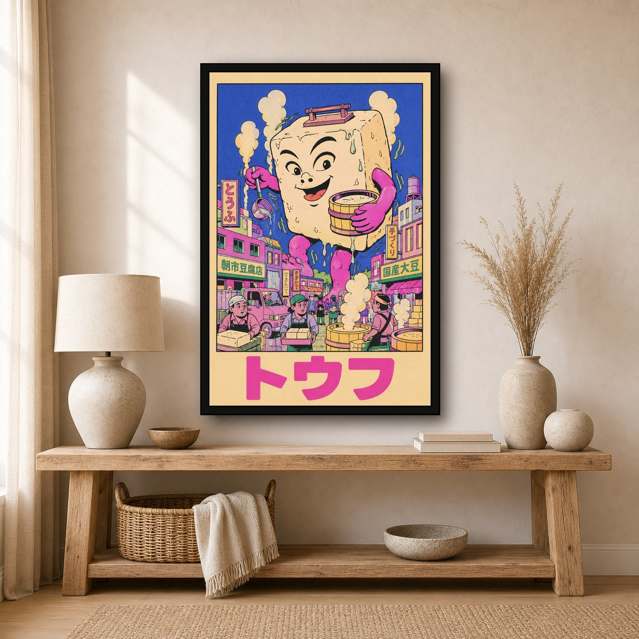 Kawaii Tofu Monster Japanese Poster, Vibrant Pop Art Print, Unique Japan Wall Art - 2x3 room mockup