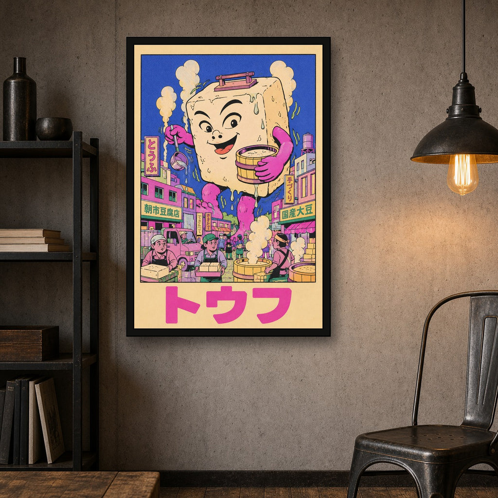 Kawaii Tofu Monster Japanese Poster, Vibrant Pop Art Print, Unique Japan Wall Art - 2x3 room mockup